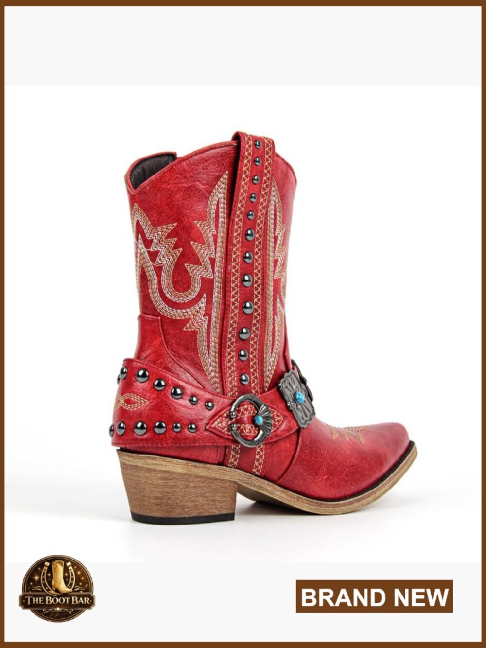 Women's Ankle Western Boots with Embroidery Studded Harness Block Heel - Picture 4 of 7